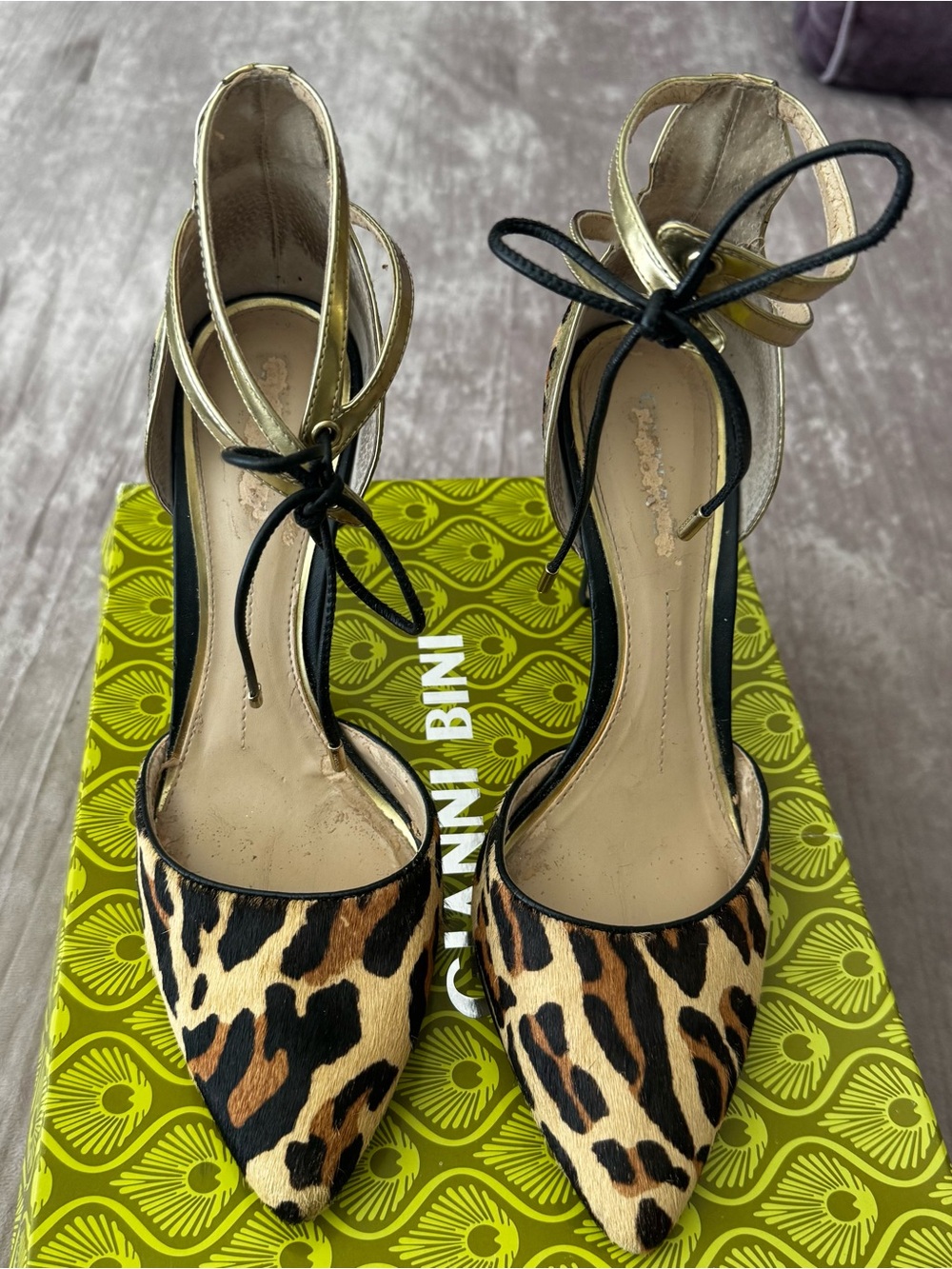 Gianni Bini Leopard Print Pointed Ankle-Tie Pumps in Gold & Black